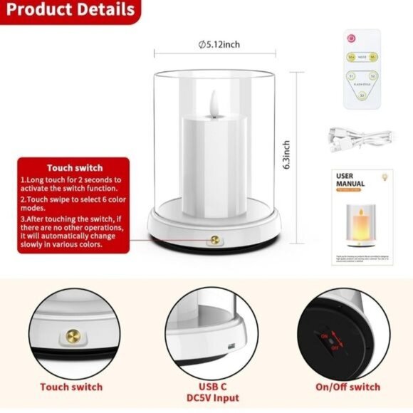 Rechargeable LED Candle Night Light With Remote & Touch Switch - Picture 3 of 4